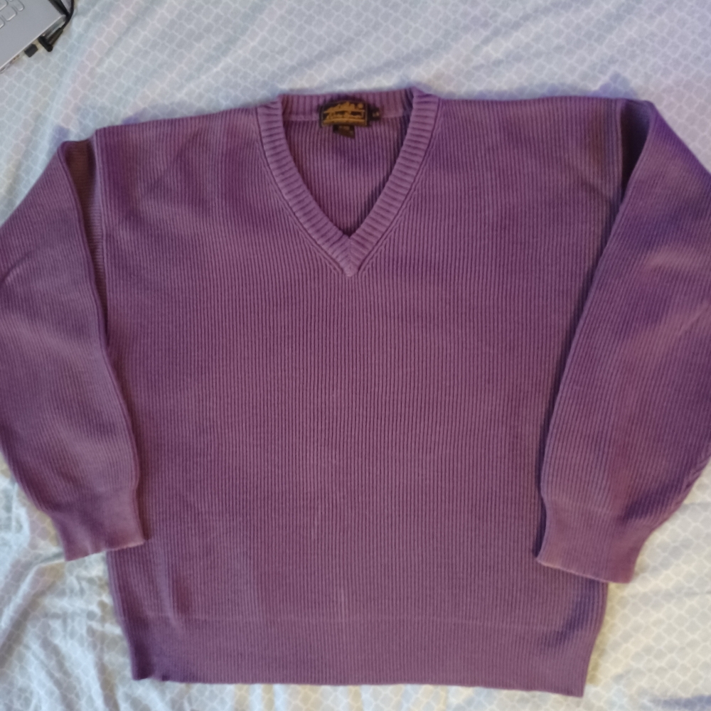 Eddie Bauer Pullover Ribbed Sweater Men's Large VNeck Purple Heavyweight Knit